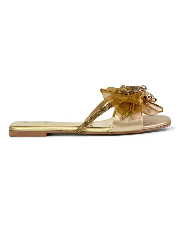 Zendaya Mesh Diamante Bow Flat Sandal Square Toe Bridal Shoes in Gold - Image 4