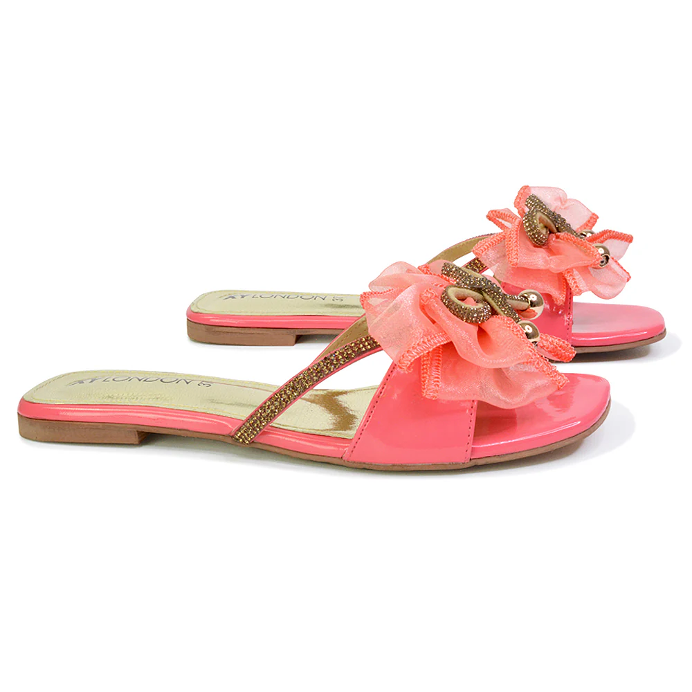 Zendaya Mesh Diamante Bow Flat Sandal Square Toe Bridal Shoes in Gold - Image 48