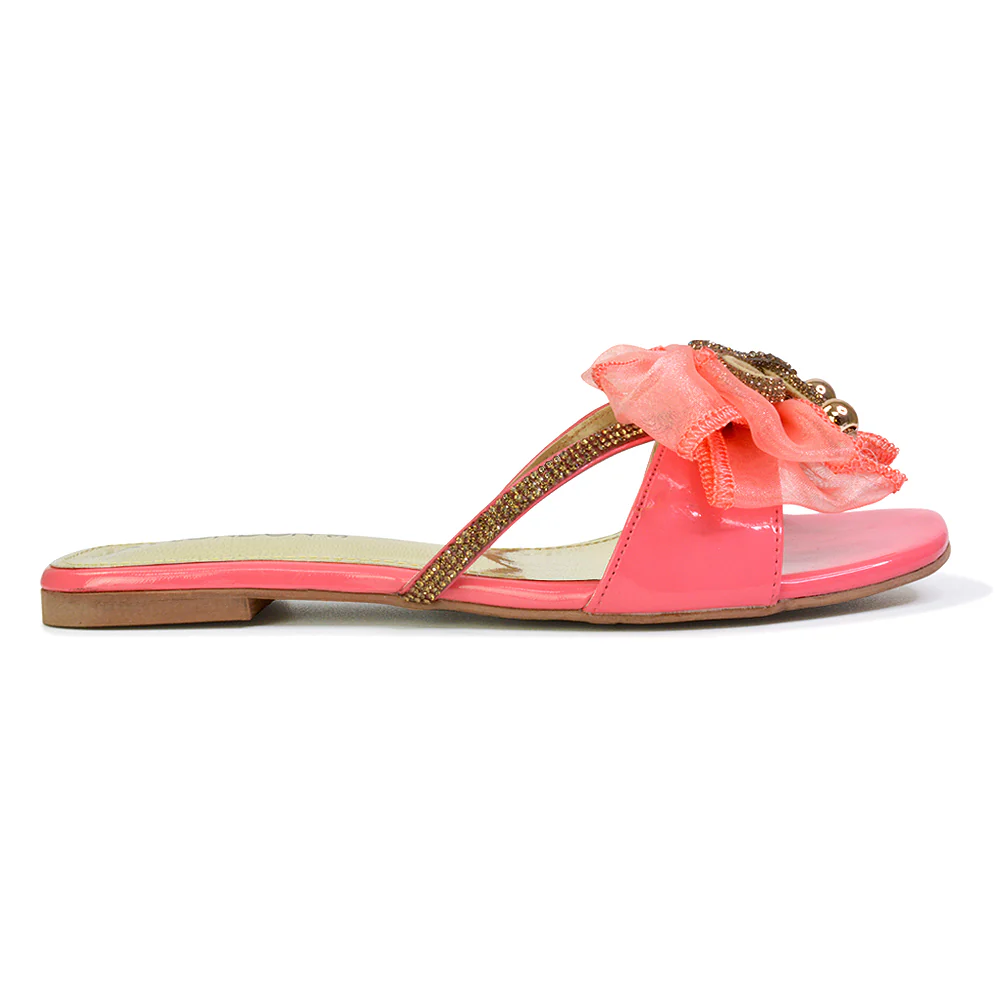 Zendaya Mesh Diamante Bow Flat Sandal Square Toe Bridal Shoes in Gold - Image 56