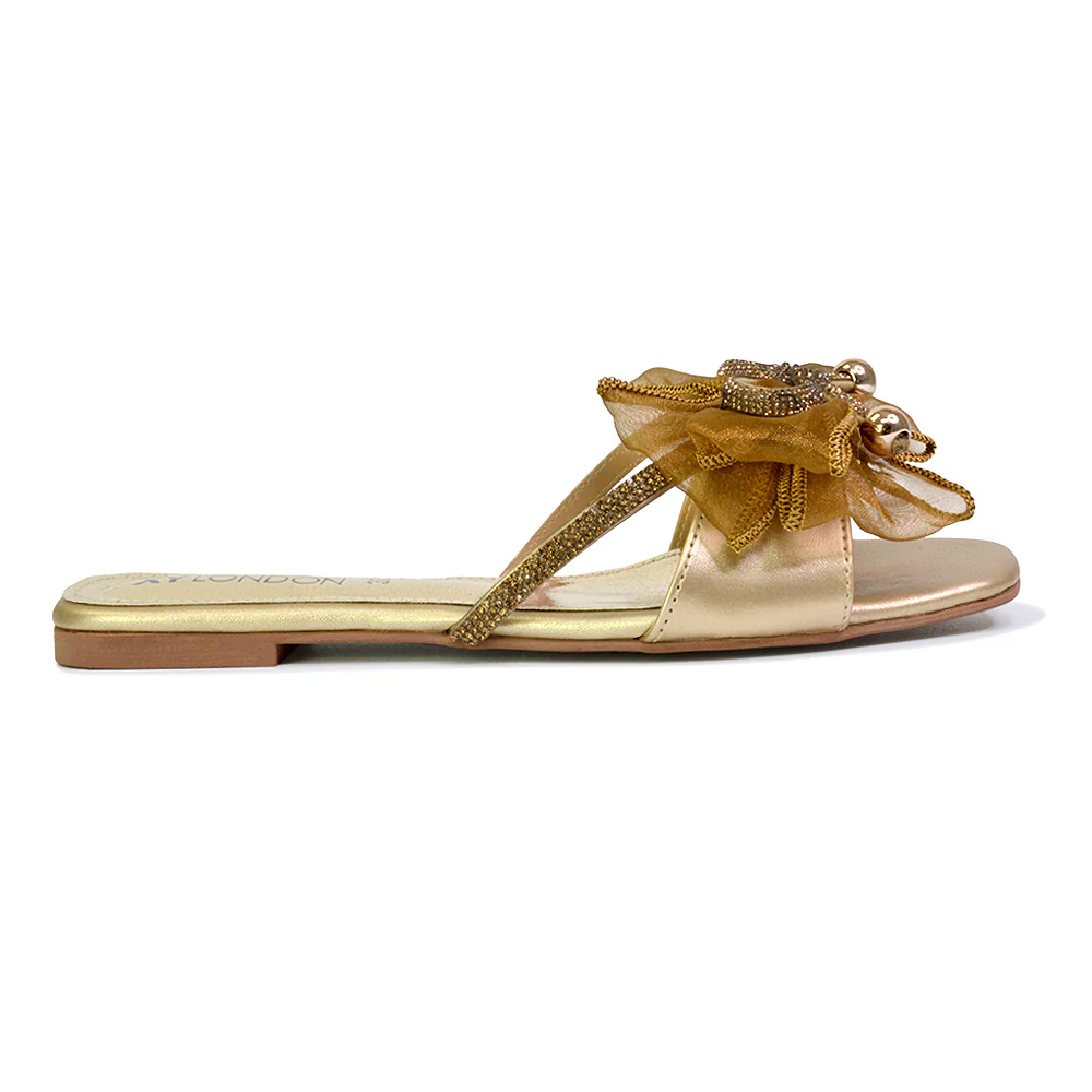 Zendaya Mesh Diamante Bow Flat Sandal Square Toe Bridal Shoes in Pink - Image 119