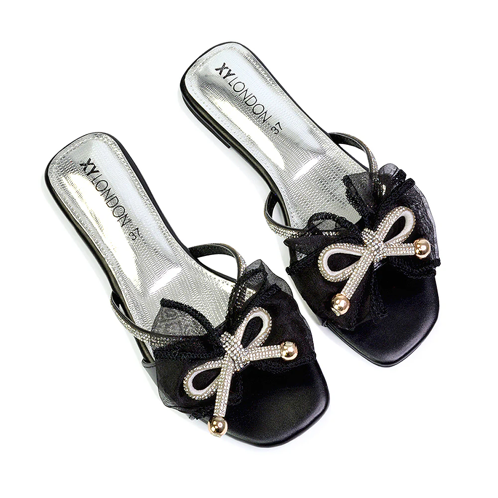 Zendaya Mesh Diamante Bow Flat Sandal Square Toe Bridal Shoes in Pink - Image 176