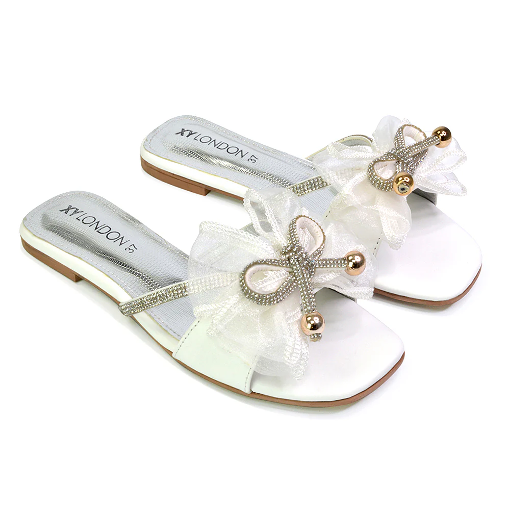 Zendaya Mesh Diamante Bow Flat Sandal Square Toe Bridal Shoes in Pink - Image 20