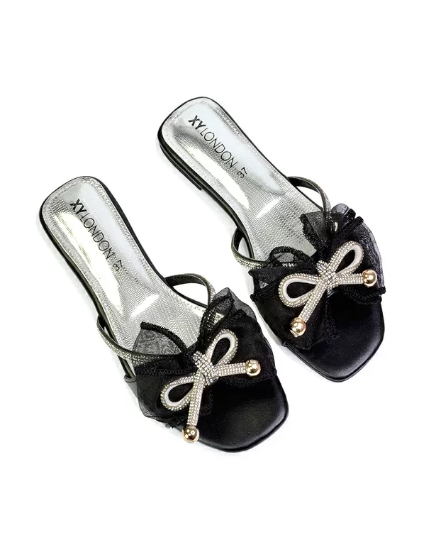 Zendaya Mesh Diamante Bow Flat Sandal Square Toe Bridal Shoes in Silver - Image 10