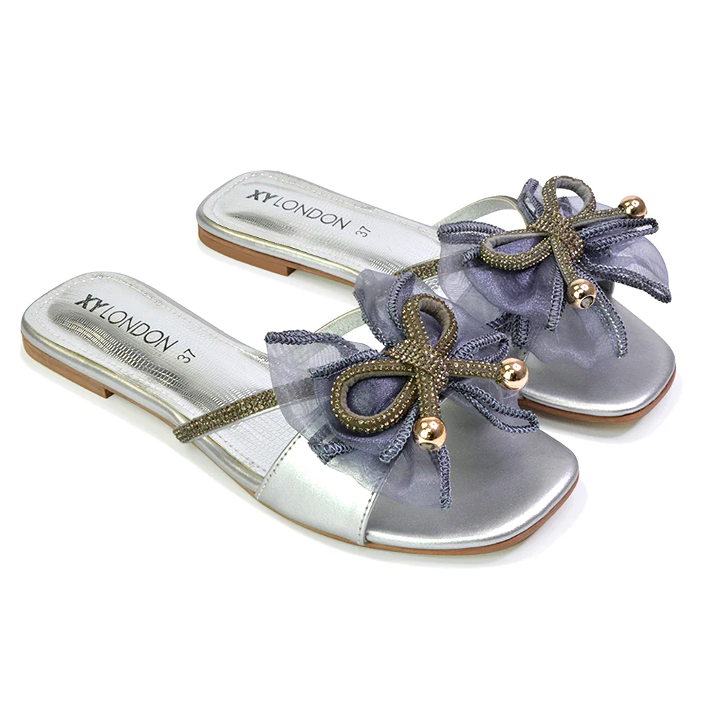 Zendaya Mesh Diamante Bow Flat Sandal Square Toe Bridal Shoes in Silver - Image 105