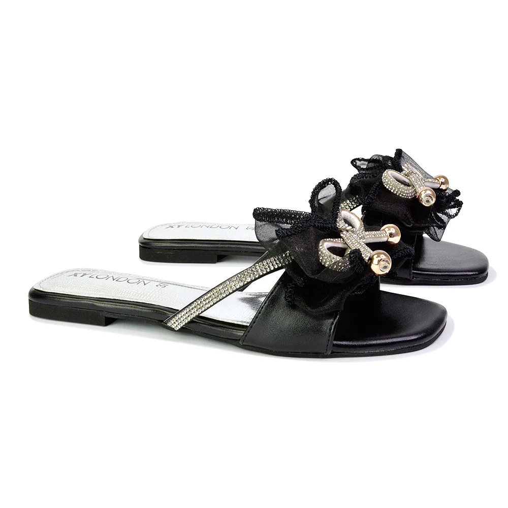 Zendaya Mesh Diamante Bow Flat Sandal Square Toe Bridal Shoes in Silver - Image 167