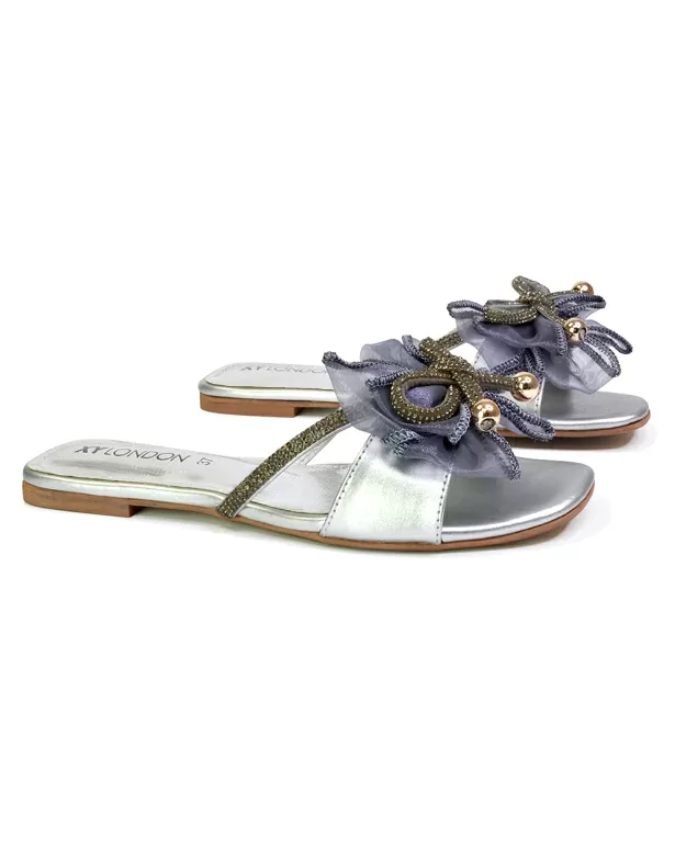 Zendaya Mesh Diamante Bow Flat Sandal Square Toe Bridal Shoes in Silver - Image 2