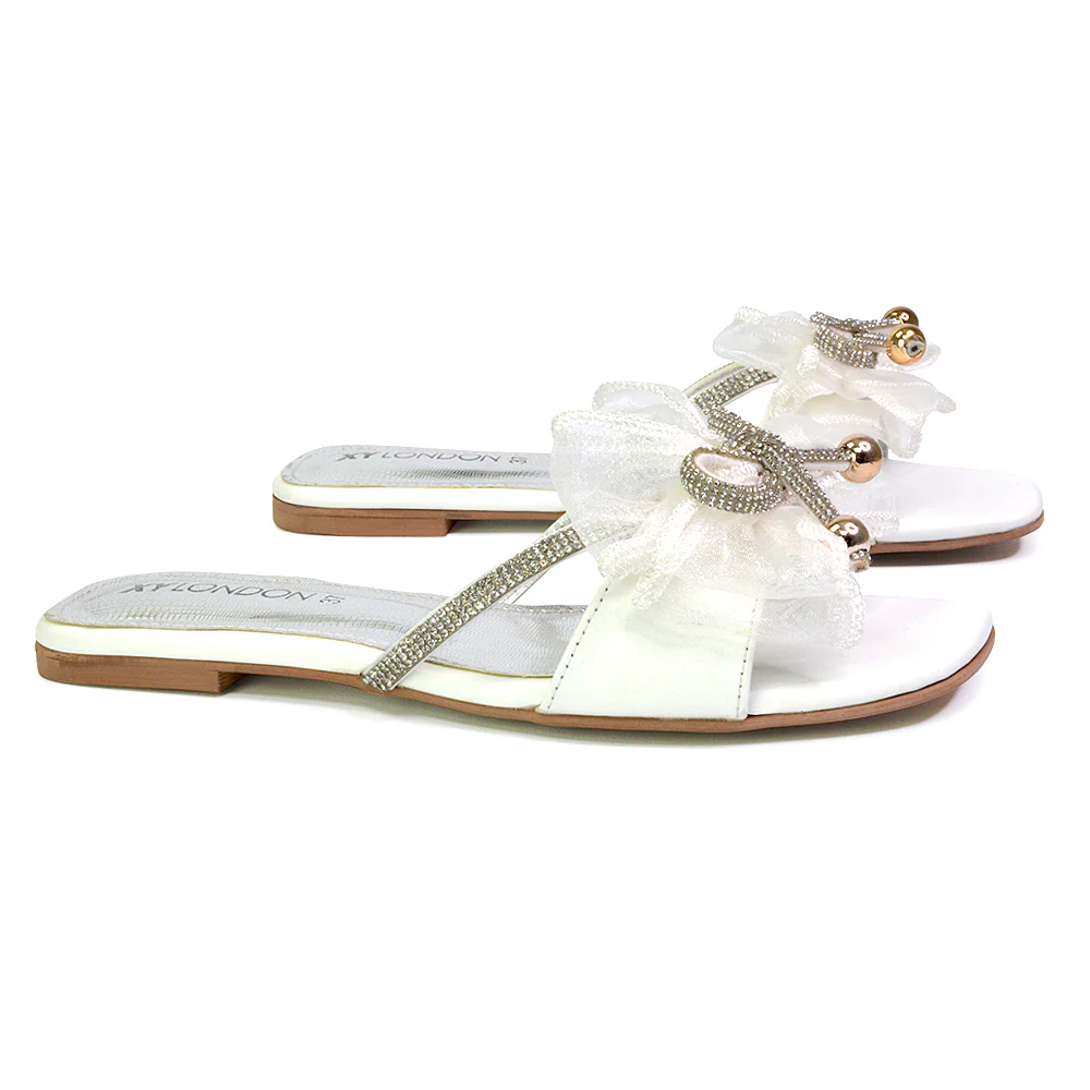 Zendaya Mesh Diamante Bow Flat Sandal Square Toe Bridal Shoes in Silver - Image 24