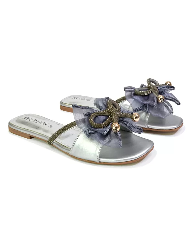 Zendaya Mesh Diamante Bow Flat Sandal Square Toe Bridal Shoes in Silver - Image 3