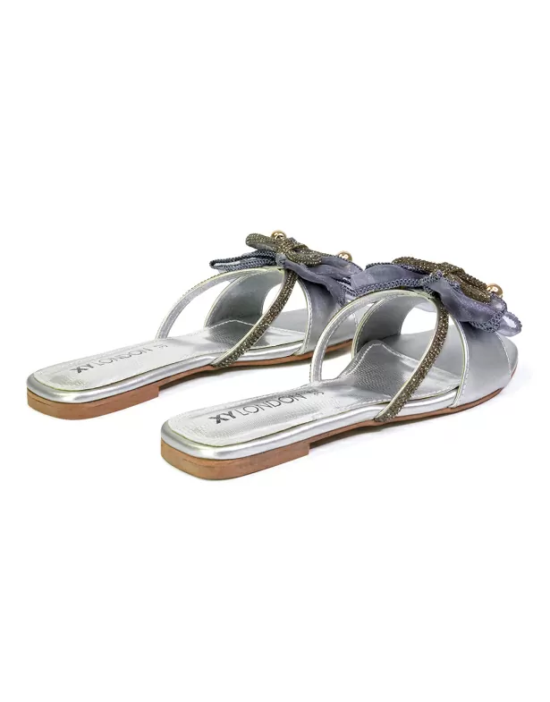 Zendaya Mesh Diamante Bow Flat Sandal Square Toe Bridal Shoes in Silver - Image 4