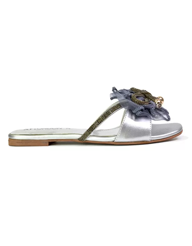 Zendaya Mesh Diamante Bow Flat Sandal Square Toe Bridal Shoes in Silver - Image 5