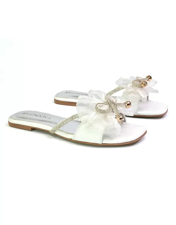 Zendaya Mesh Diamante Bow Flat Sandal Square Toe Bridal Shoes in Silver - Image 6