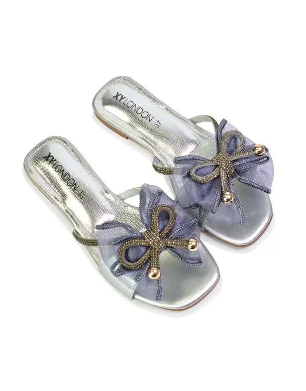 Zendaya Mesh Diamante Bow Flat Sandal Square Toe Bridal Shoes in Silver - Image 8