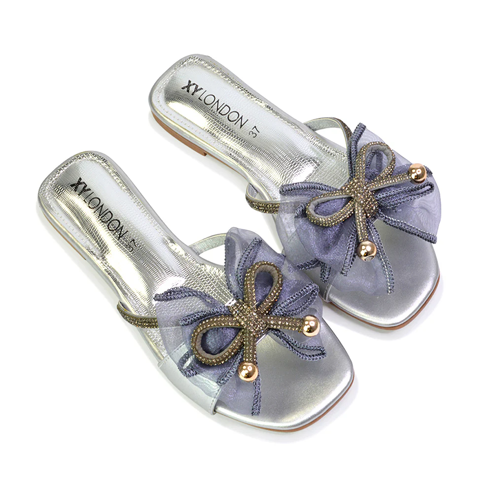 Zendaya Mesh Diamante Bow Flat Sandal Square Toe Bridal Shoes in Silver - Image 85