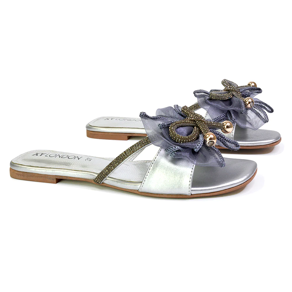 Zendaya Mesh Diamante Bow Flat Sandal Square Toe Bridal Shoes in White - Image 106