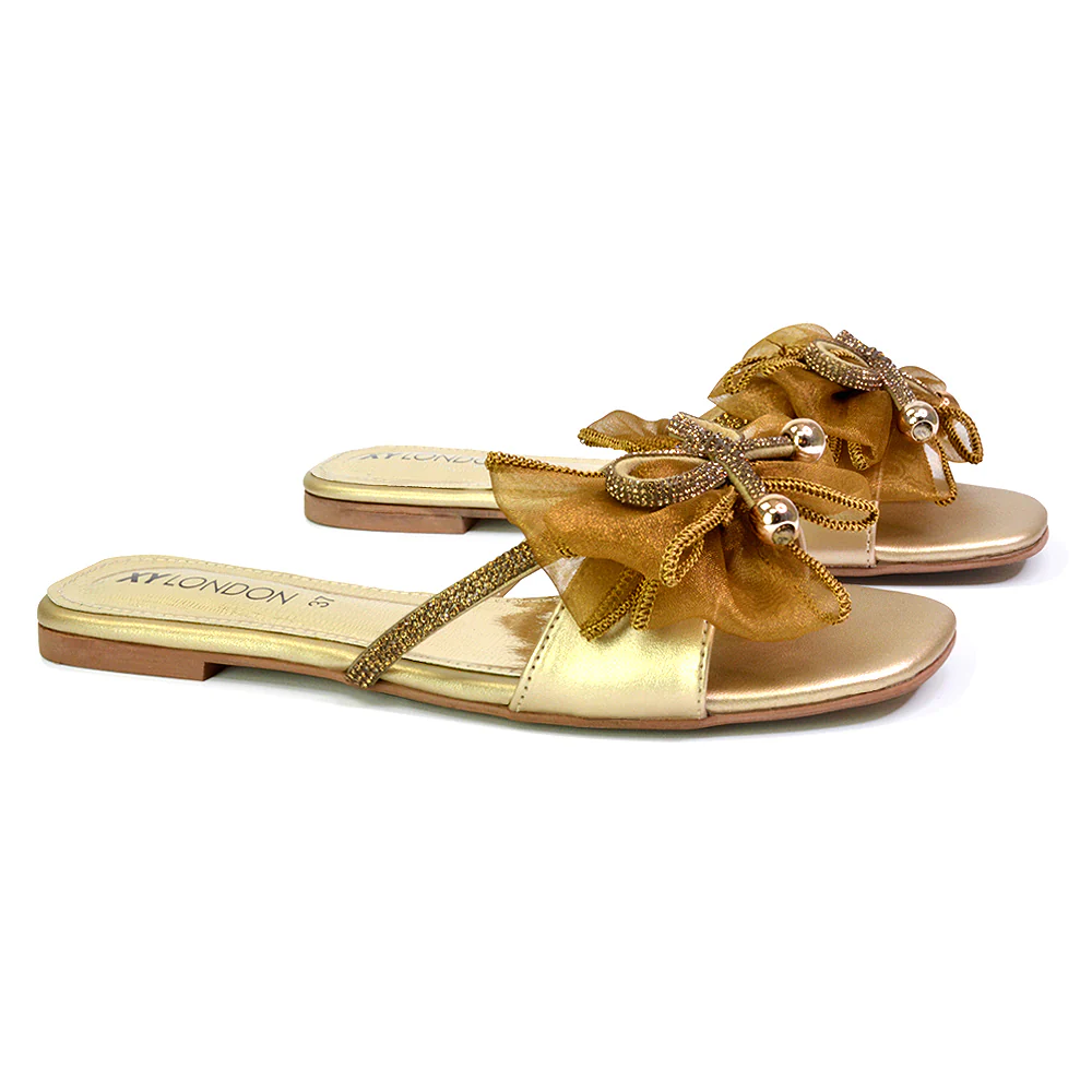 Zendaya Mesh Diamante Bow Flat Sandal Square Toe Bridal Shoes in White - Image 135