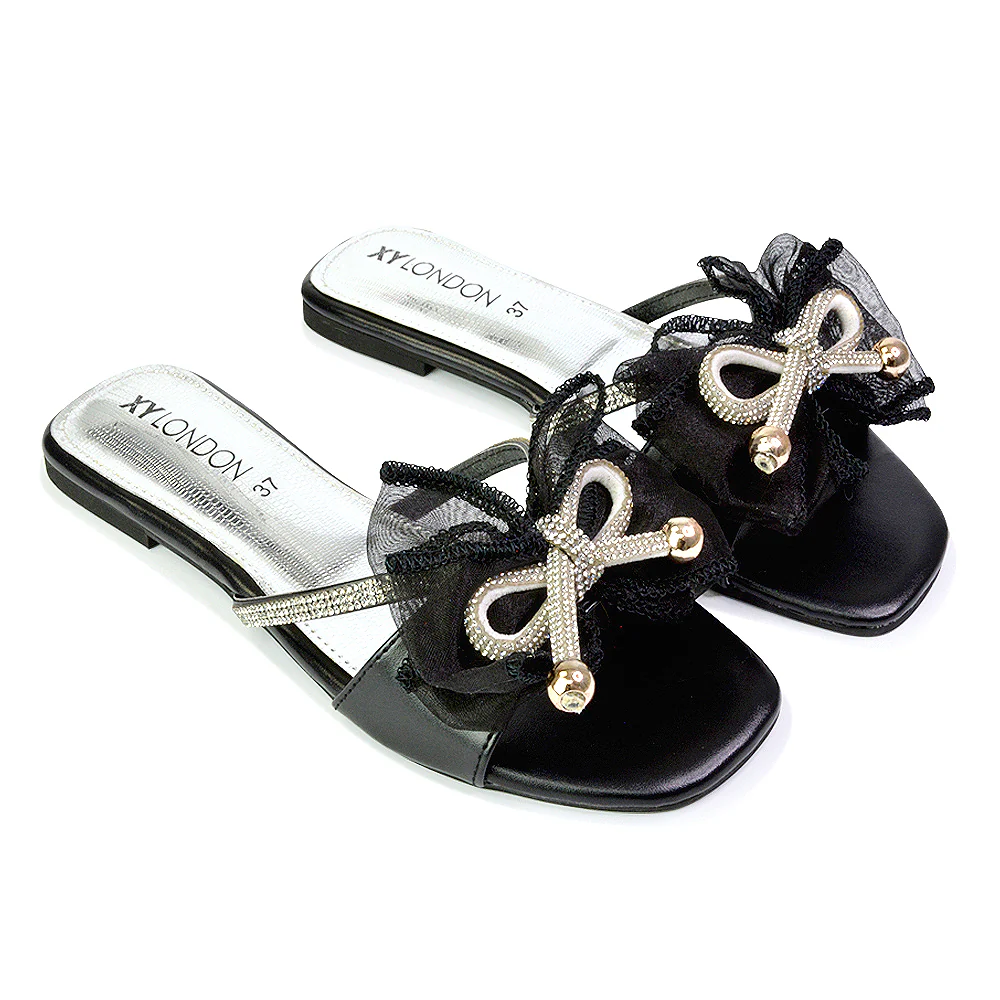 Zendaya Mesh Diamante Bow Flat Sandal Square Toe Bridal Shoes in White - Image 168