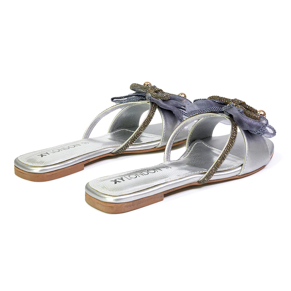 Zendaya Mesh Diamante Bow Flat Sandal Square Toe Bridal Shoes in White - Image 99