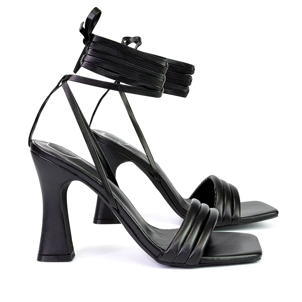 Zeta Lace Up Strappy  Mid Block High Heel Sandals With a Square Toe in Green - Image 79