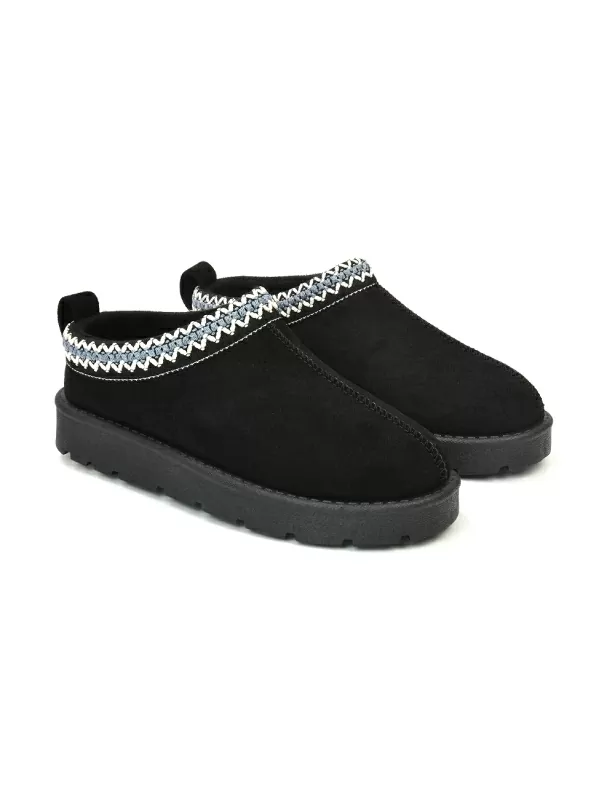 Zoe Aztec Faux Fur Slip On Winter Micro Slippers In Black