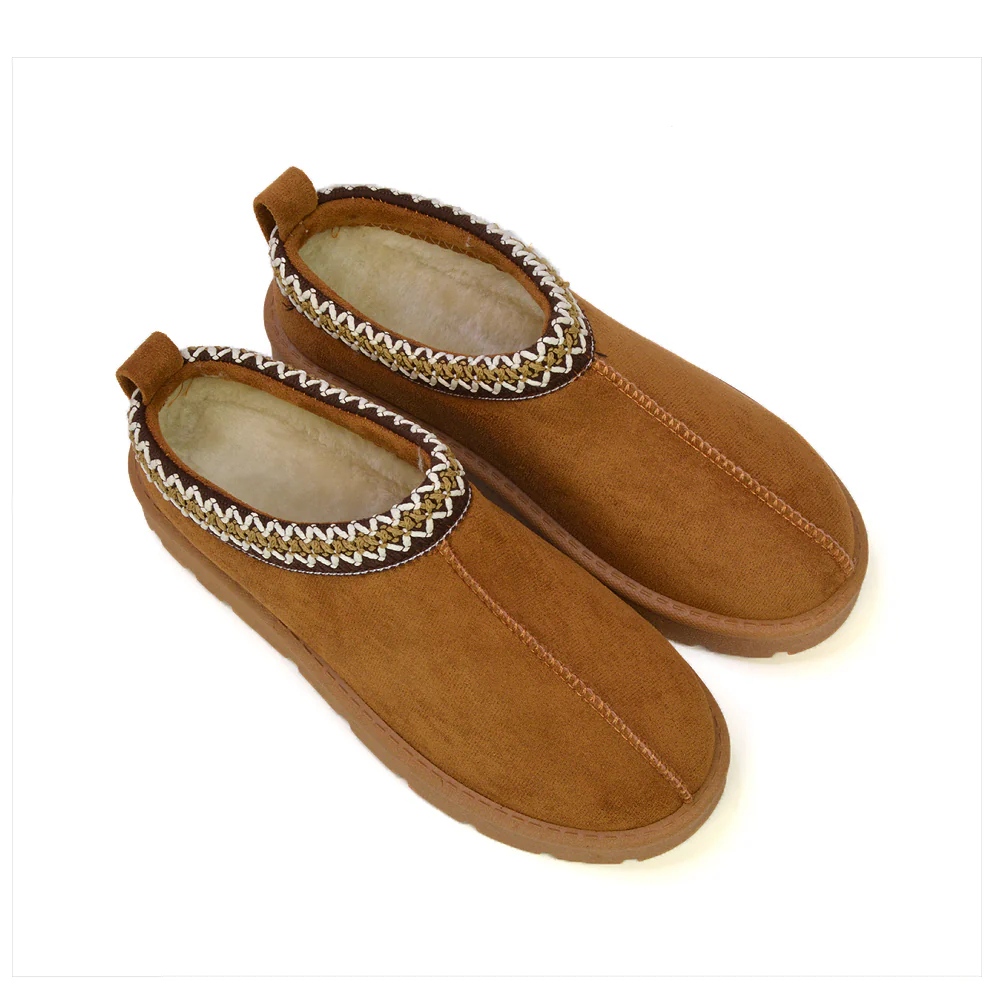 Zoe Aztec Faux Fur Slip On Winter Micro Slippers In Black - Image 125