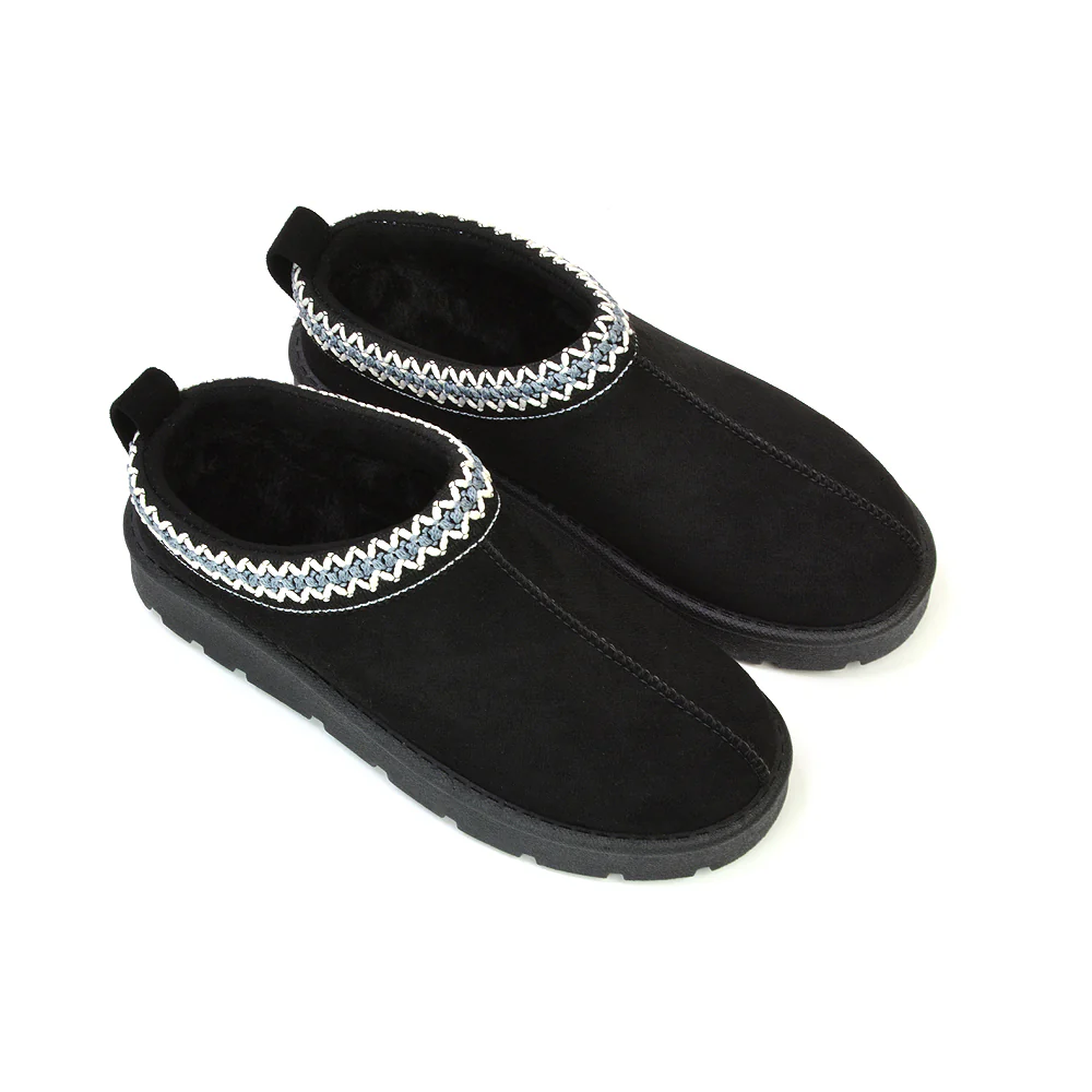 Zoe Aztec Faux Fur Slip On Winter Micro Slippers In Black - Image 199