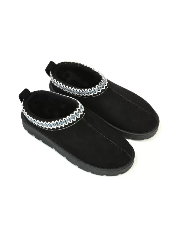Zoe Aztec Faux Fur Slip On Winter Micro Slippers In Black - Image 2