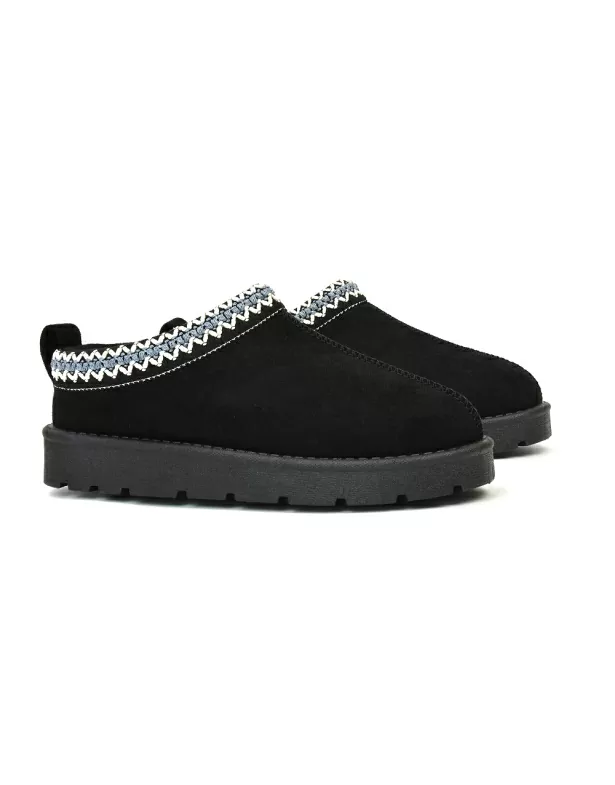 Zoe Aztec Faux Fur Slip On Winter Micro Slippers In Black - Image 3