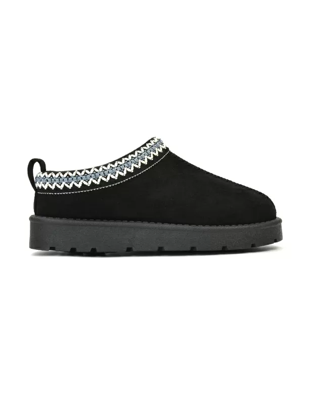 Zoe Aztec Faux Fur Slip On Winter Micro Slippers In Black - Image 4