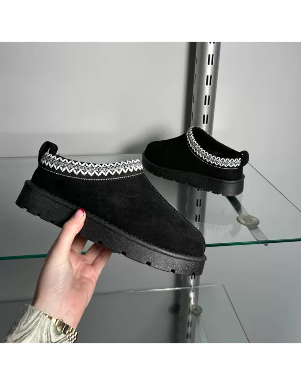 Zoe Aztec Faux Fur Slip On Winter Micro Slippers In Black - Image 6