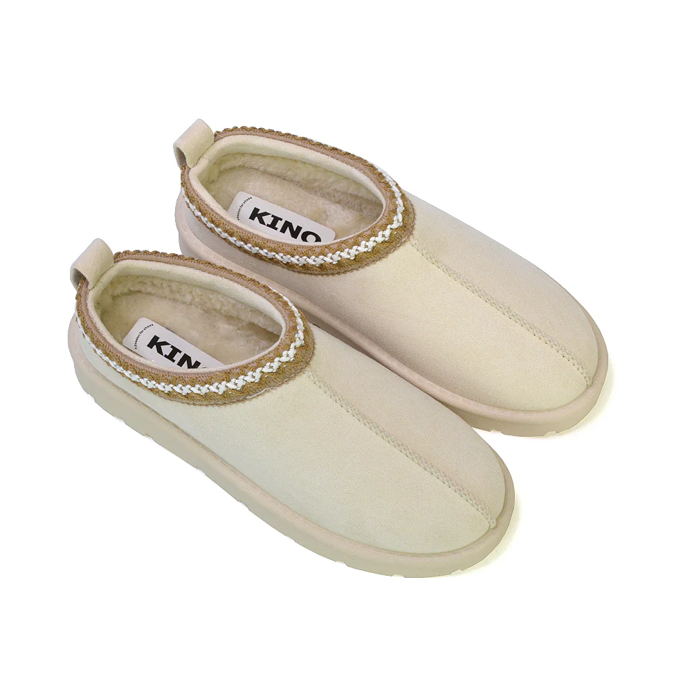 Zoe Aztec Faux Fur Slip On Winter Micro Slippers In Mushroom - Image 37