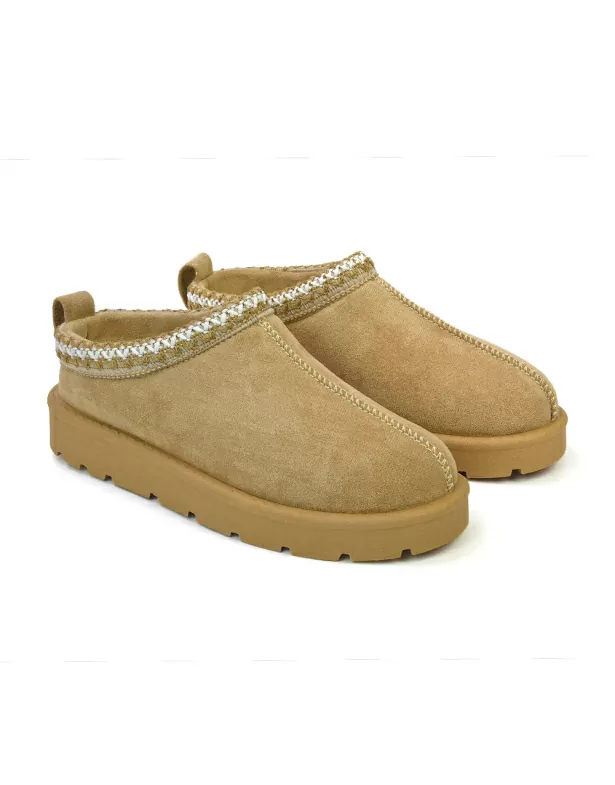 Zoe Aztec Faux Fur Slip On Winter Micro Slippers In Sand
