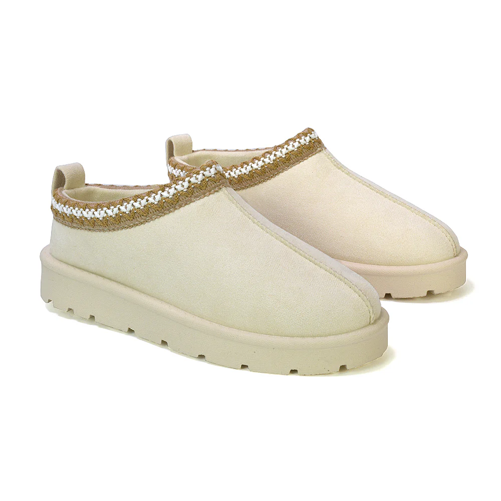Zoe Aztec Faux Fur Slip On Winter Micro Slippers In Sand - Image 26