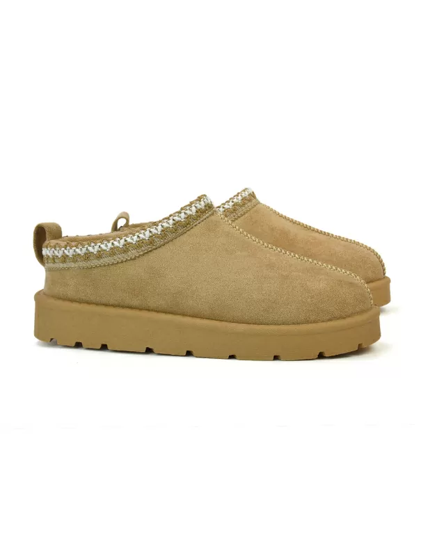 Zoe Aztec Faux Fur Slip On Winter Micro Slippers In Sand - Image 3