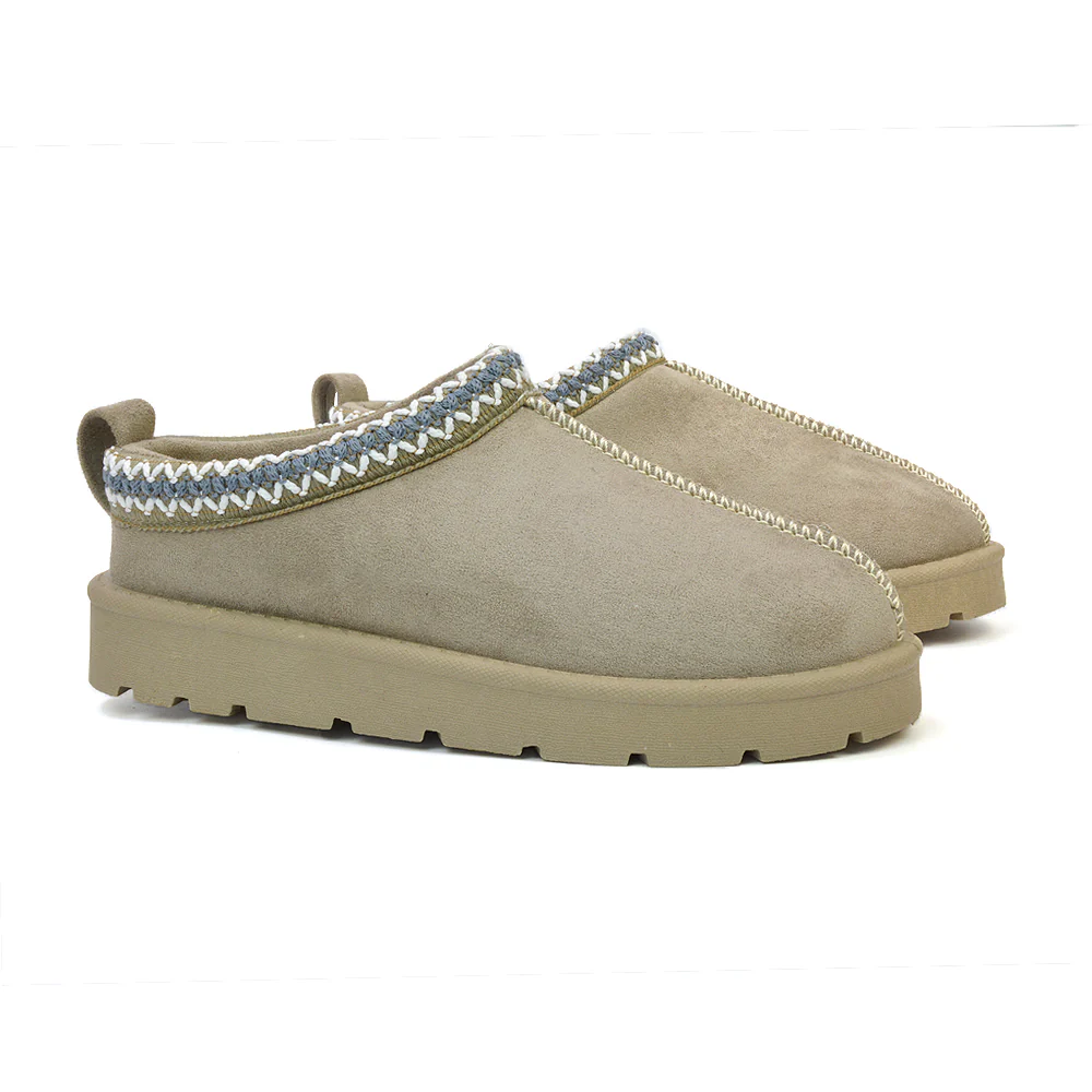 Zoe Aztec Faux Fur Slip On Winter Micro Slippers In Sand - Image 38