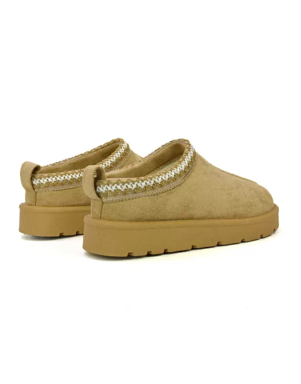 Zoe Aztec Faux Fur Slip On Winter Micro Slippers In Sand - Image 5