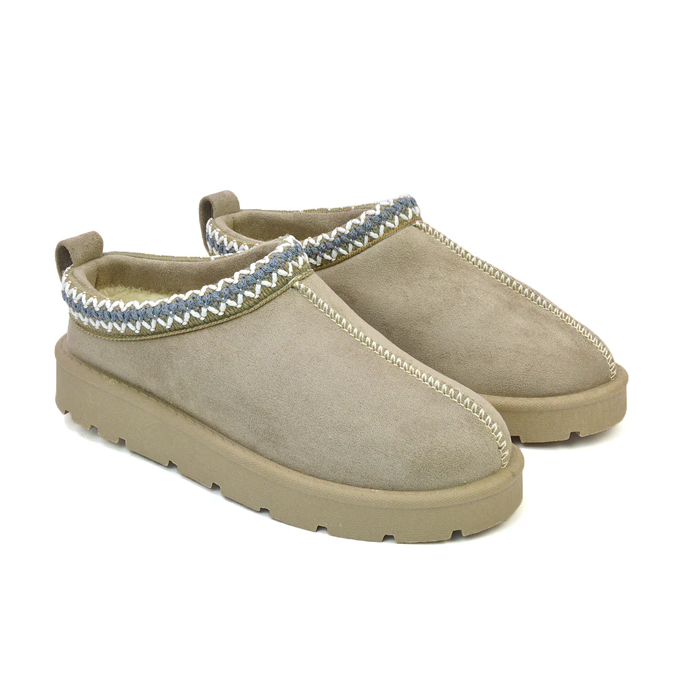 Zoe Aztec Faux Fur Slip On Winter Micro Slippers In Sand - Image 62