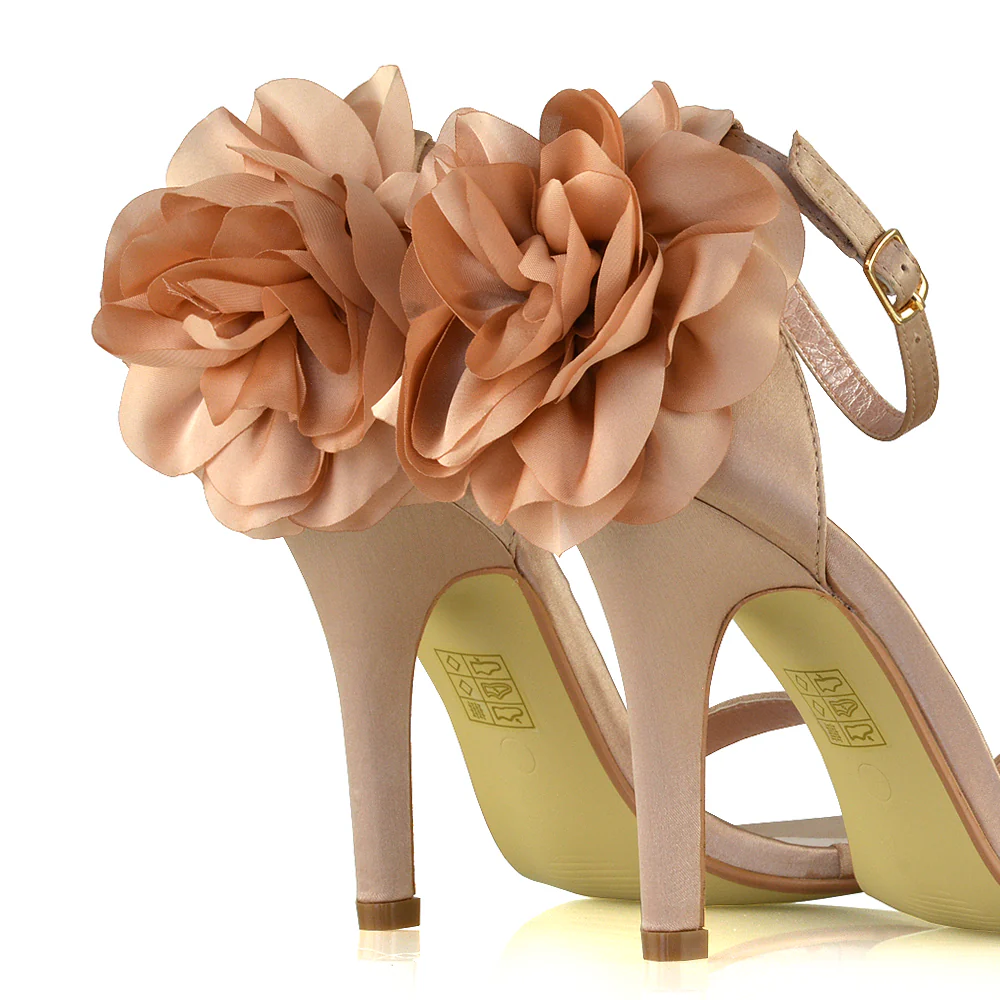 Zola Flower Detail Open Toe Buckle Strappy Bridal High Stiletto Heels in Champagne - Image 4