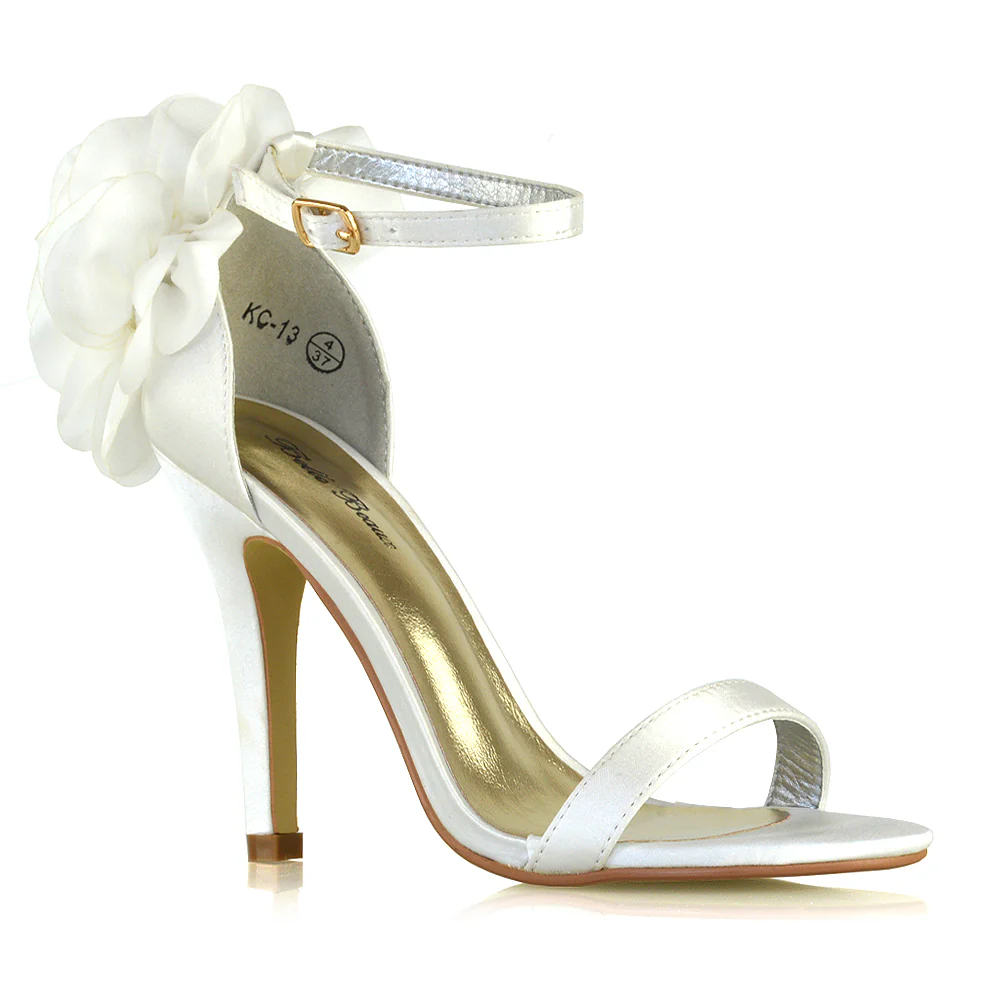 Zola Flower Detail Open Toe Buckle Strappy Bridal High Stiletto Heels in White - Image 15