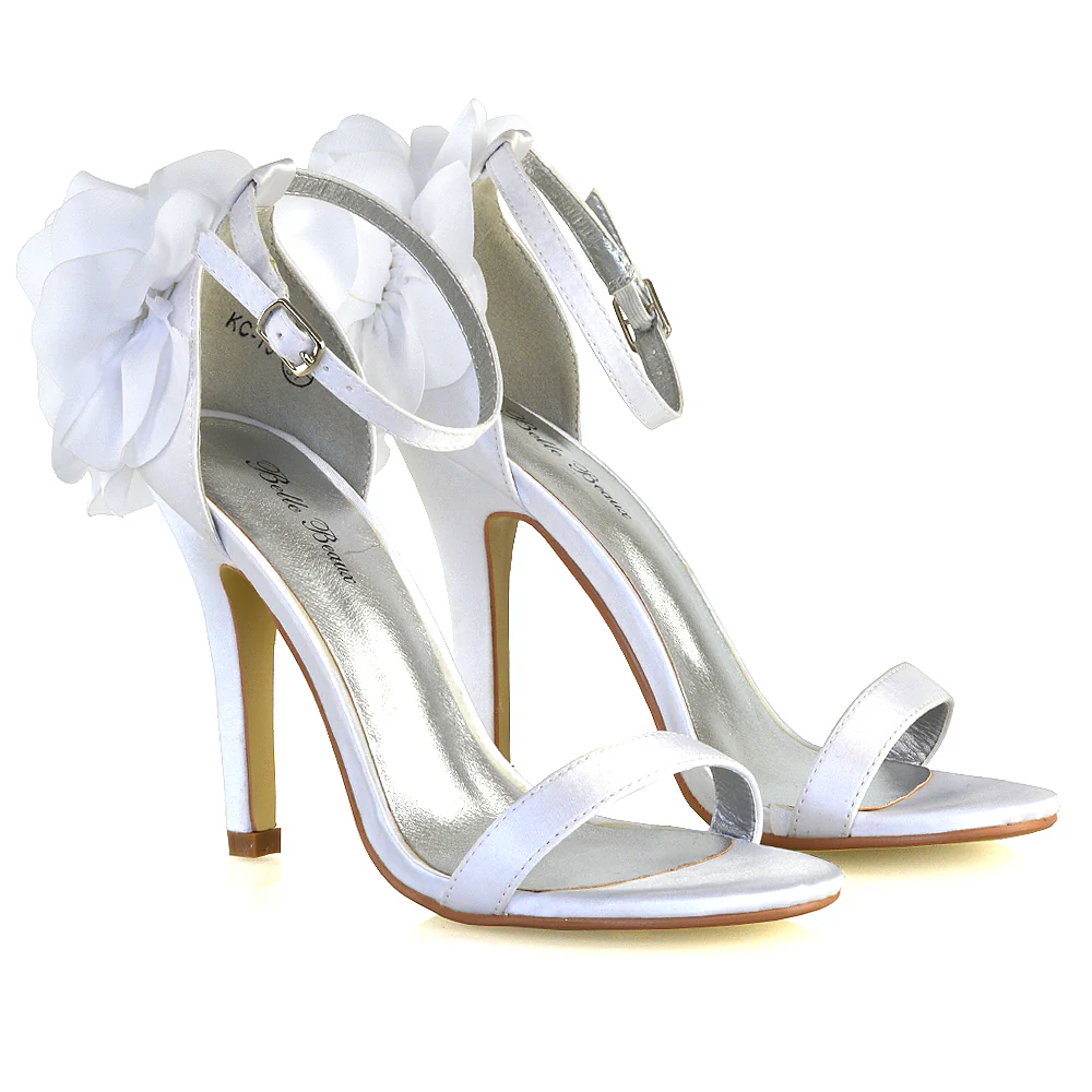 Zola Flower Detail Open Toe Buckle Strappy Bridal High Stiletto Heels in White - Image 3